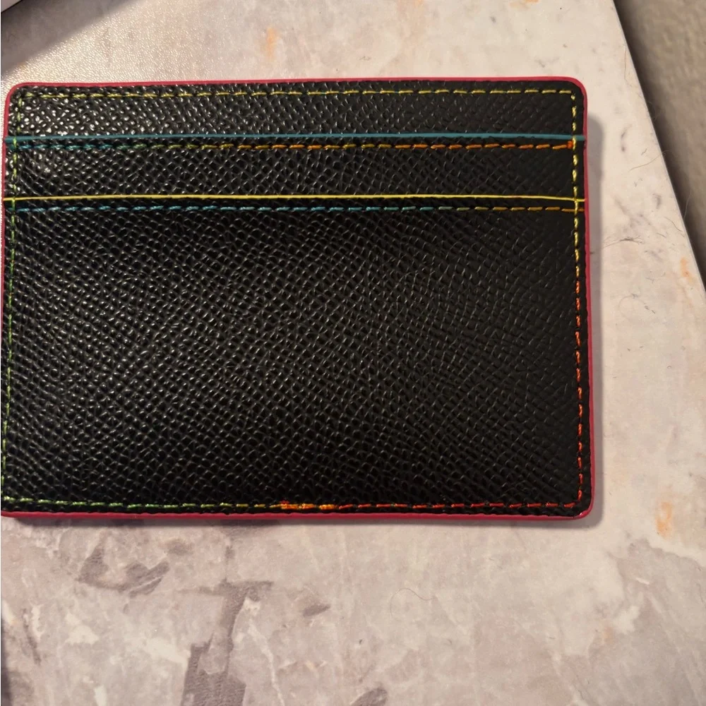 Black Leather Kurt Geiger Card Holder with Multicolor Stitching